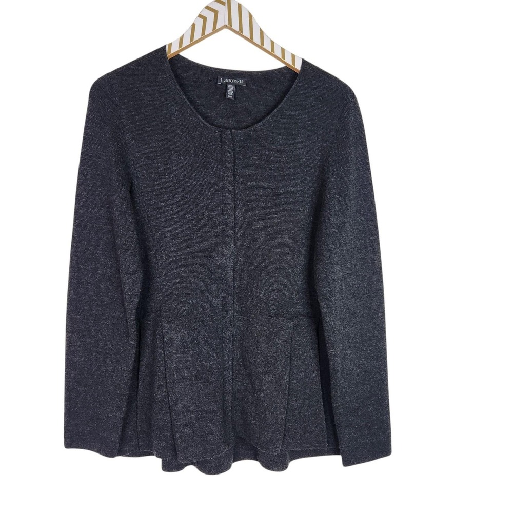 EILEEN FISHER Cardigan Sweater Womens Medium Gray Merino Wool Zip Peplum Pleated